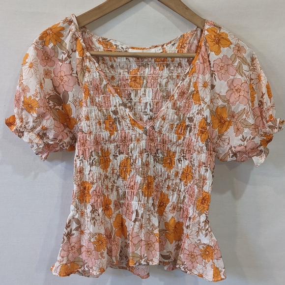 Lush 100% Cotton Pink Ditsy Floral Puff Sleeve Sheared Blouse Top Size Small - Picture 2 of 9